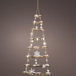 Abete in legno ramo illuminato Neve e fiocchi di neve a pile Bianco caldo