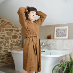 Clearance Accappatoio da bagno in garza di cotone L/XL Gaia Cammello Biancheria Bagno|Accappatoio