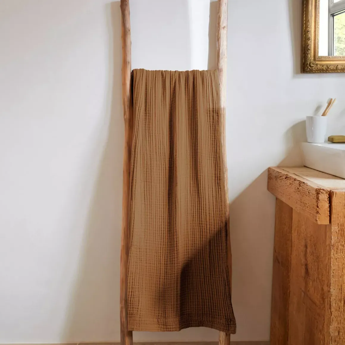 Asciugamano da bagno in garza di cotone (90 x 150 cm) Gaïa Camel