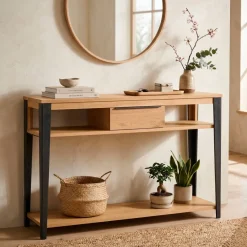Consolle 1 cassetto in rovere massiccio e metallo (120 x 85 cm) Bristol Naturale