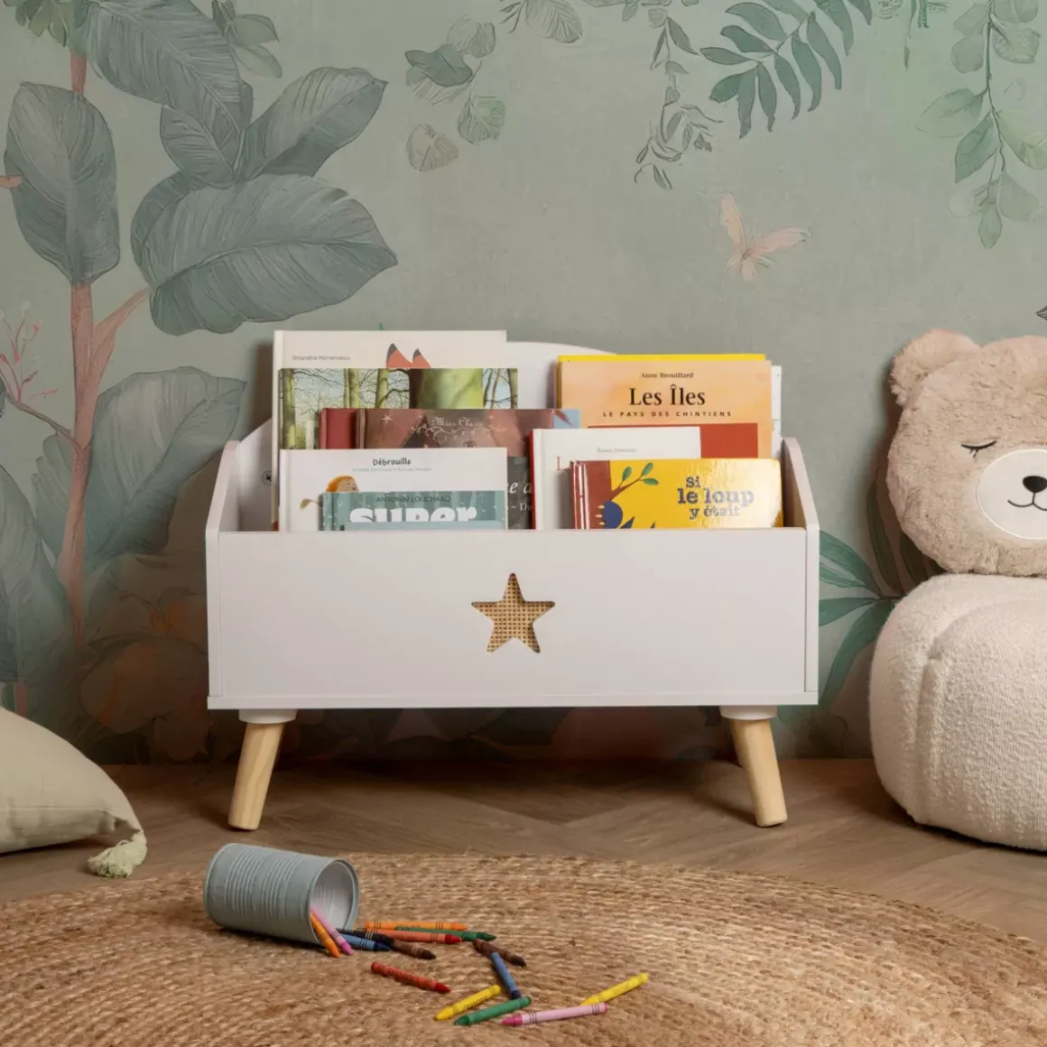 Contenitore porta giocattoli bambino legno (H44 cm) Stars Bianco