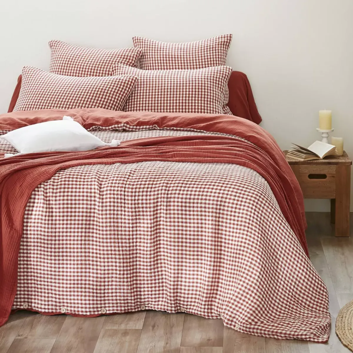 New Copripiumino garza di cotone (200 x 200 cm) Gaïa vichy Terracotta Copripiumini