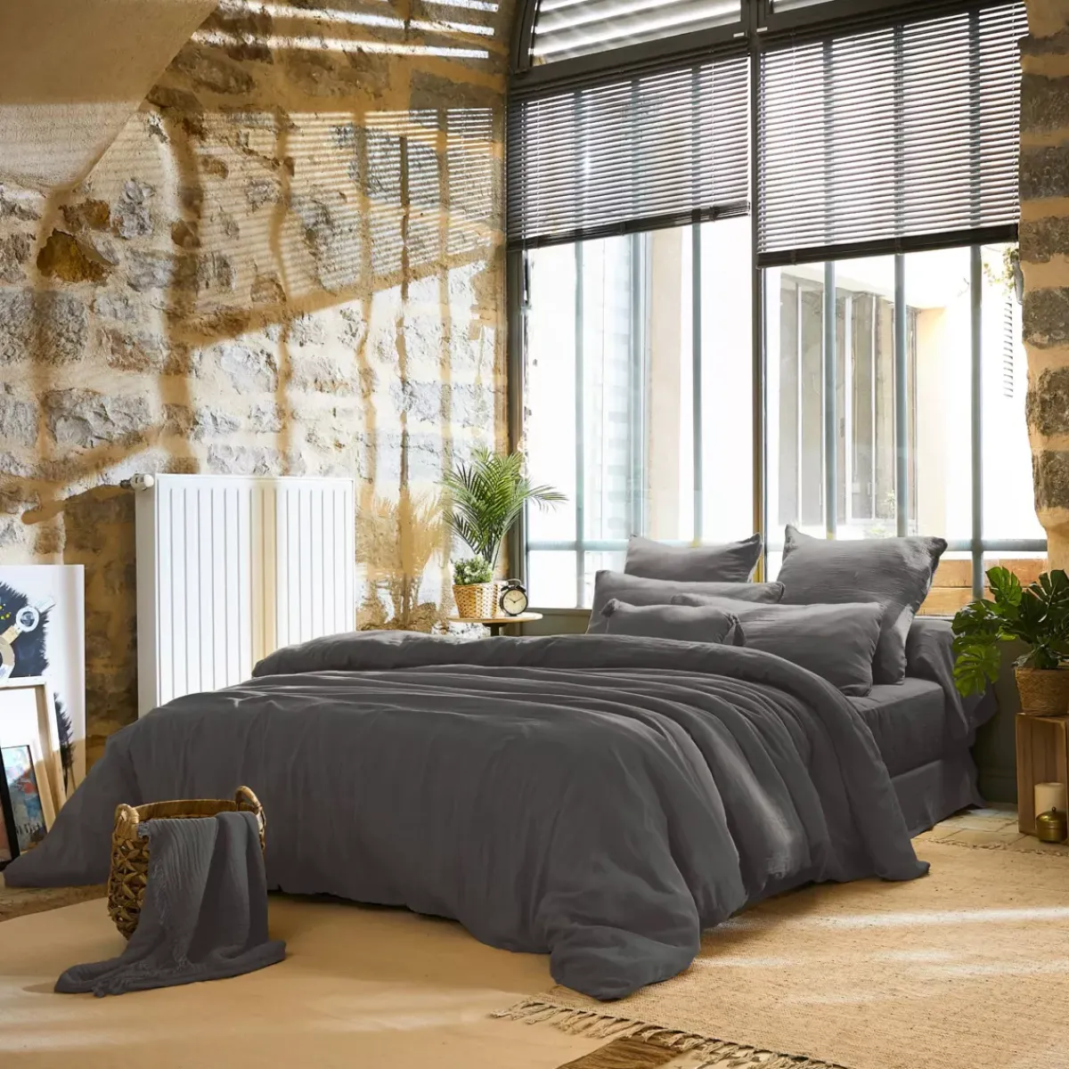 Clearance Copripiumino garza di cotone (200 x 200 cm) Gaïa Grigio granito Copripiumini