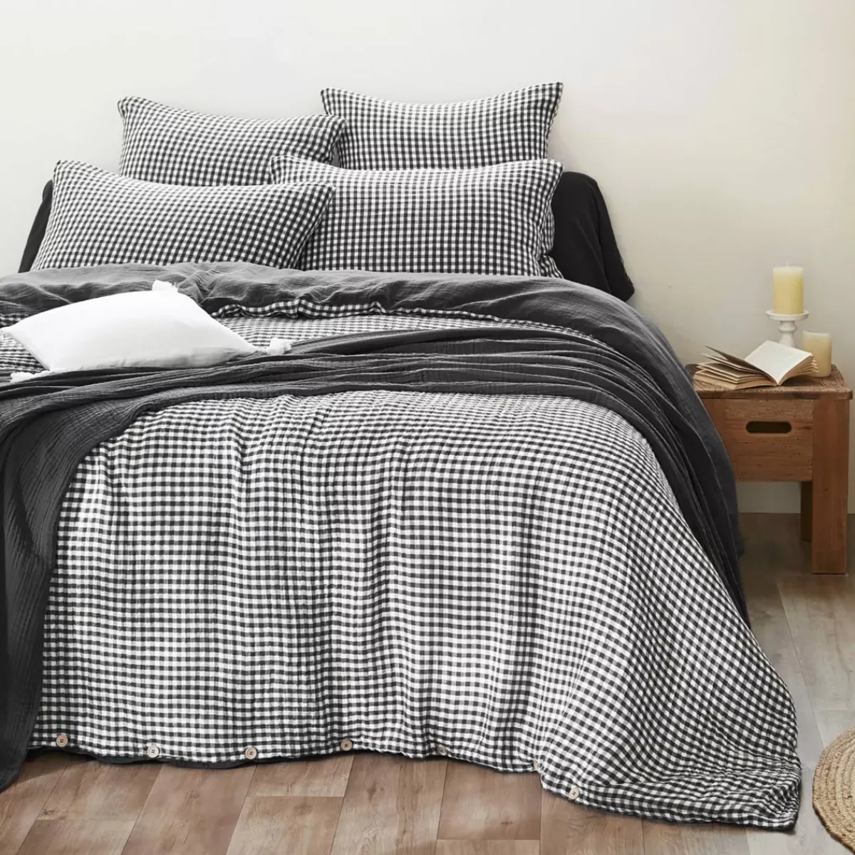 Sale Copripiumino garza di cotone (140 x 200 cm) Gaïa vichy Nero Copripiumini