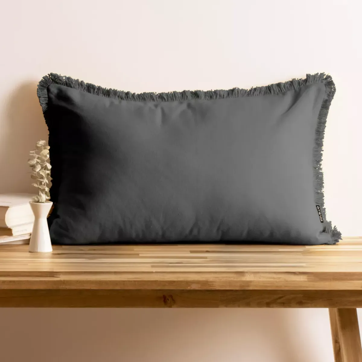 New Cuscino rettangolare in cotone (40 x 60 cm) Pixel con frange Grigio Cuscini E Fodere