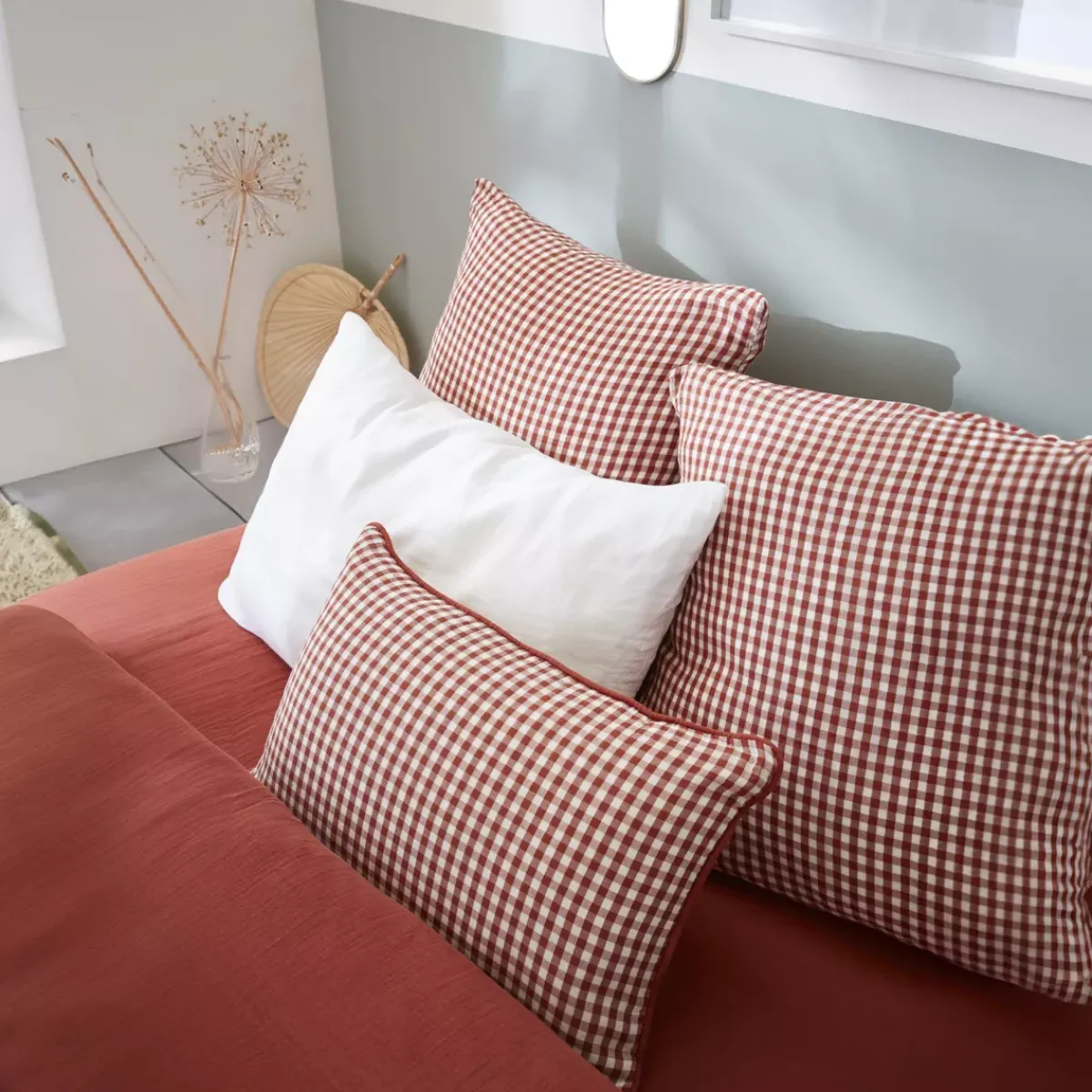 New Cuscino rettangolare in garza di cotone (40 x 60 cm) Gaïa vichy Terracotta Cuscini E Fodere