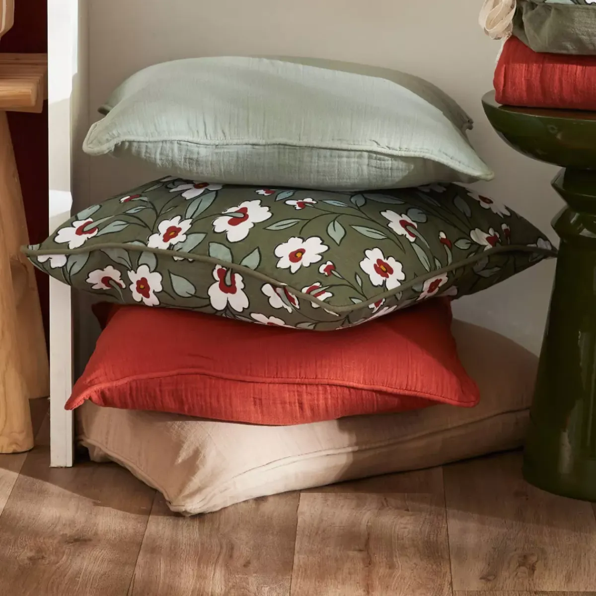 Discount Cuscino rettangolare in garza di cotone (40 x 60 cm) Gaïa margherita Verde rosmarino Cuscini E Fodere