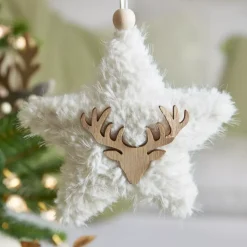 Decorazione natalizia da appendere in legno (H15 cm) Stella ecopelliccia Bianco