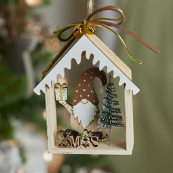 Decorazione natalizia sospesa in legno (H11 cm) Casa di Babbo Natale Marrone