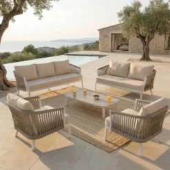 Clearance Divano da giardino in alluminio Amalfi Bianco e beige Tavolini Da Giardino, Divani