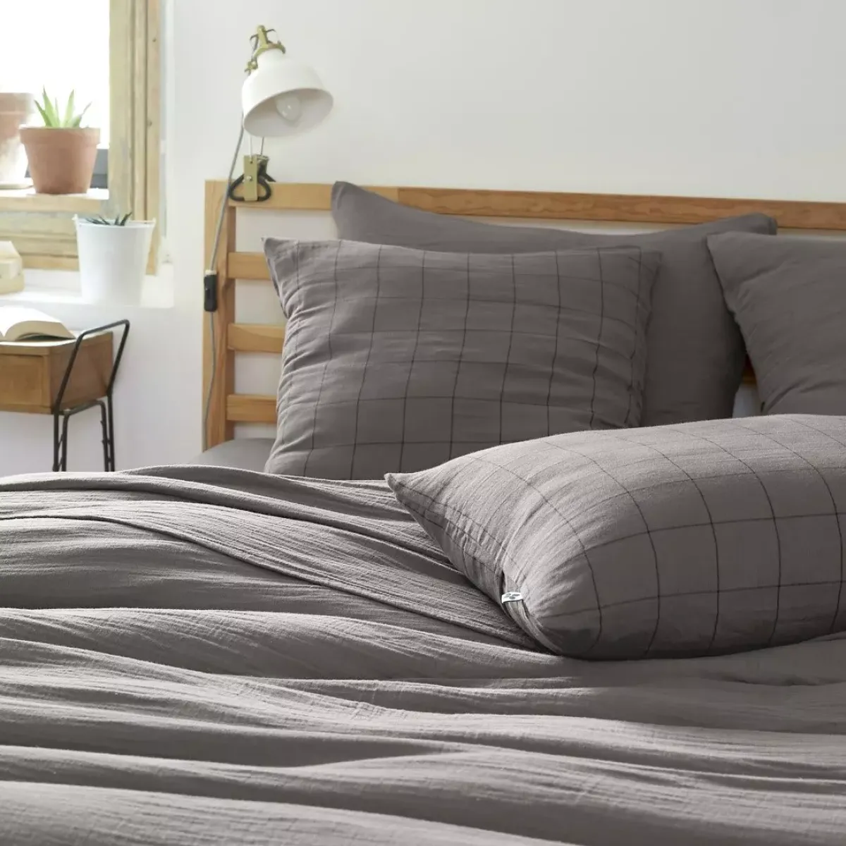 Hot Federa quadrata garza di cotone (60 cm) Gaïa Match Grigio granito Federe Cuscino Letto