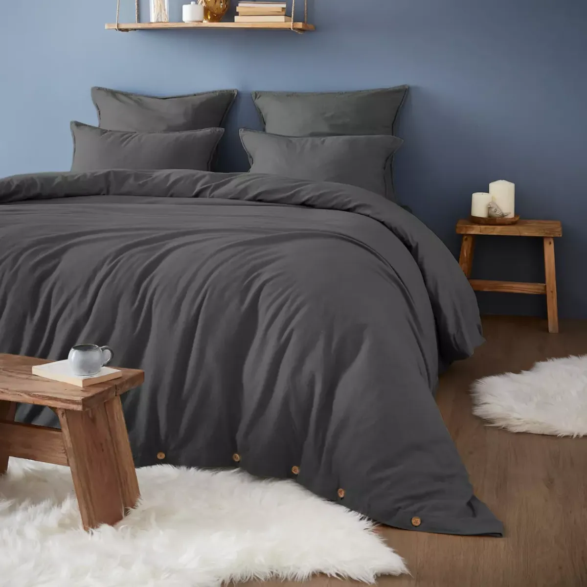 Hot Federa rettangolare flanella di cotone (50 x 70 cm) Théa Grigio Federe Cuscino Letto