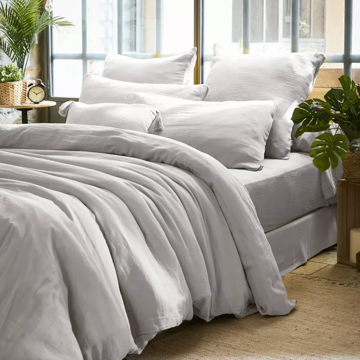 Federa rettangolare garza di cotone (L80 cm) Gaïa Grigio nuvola Federe Cuscino Letto