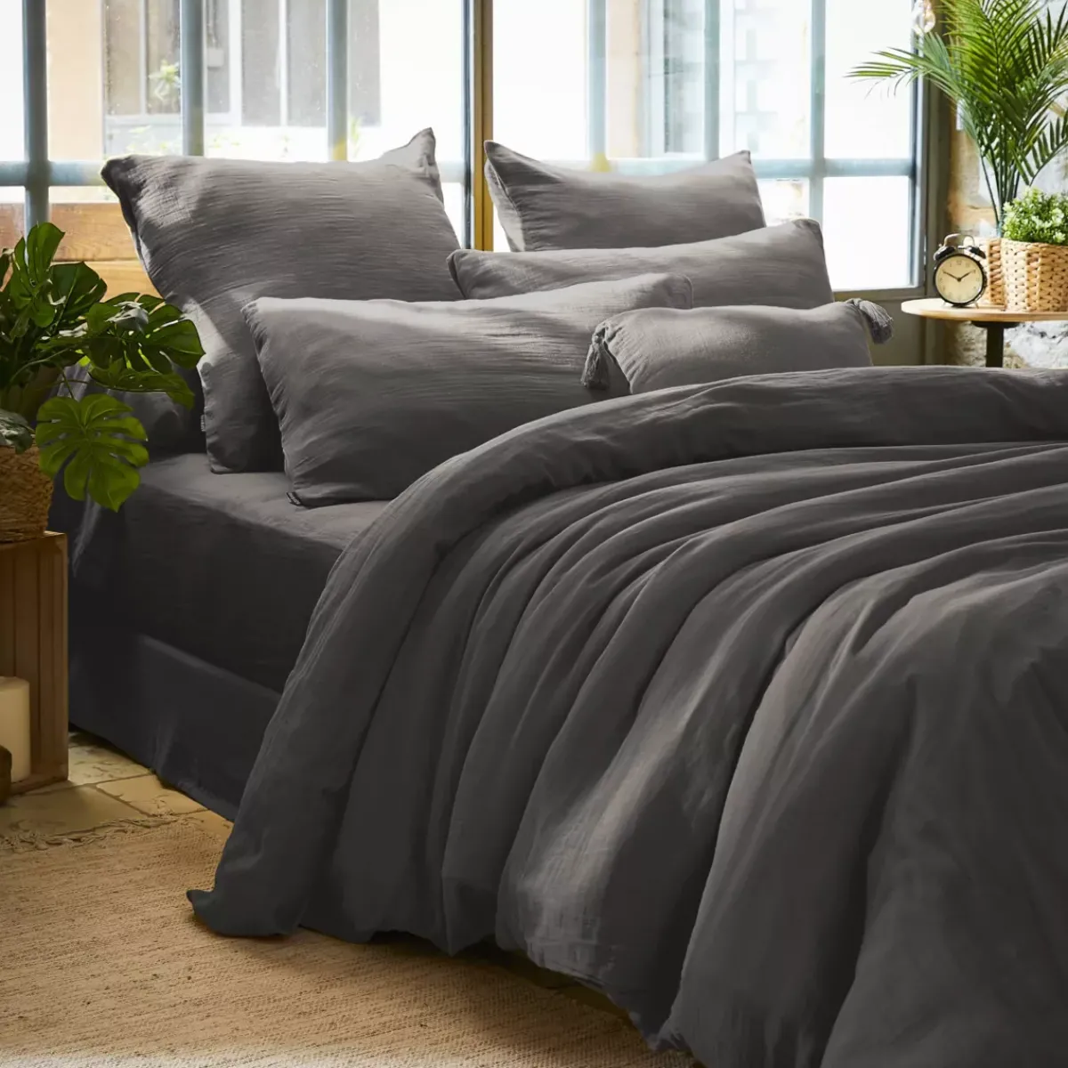 Discount Fodera di cuscino quadrata in garza di cotone (80 x 80 cm) Gaia Grigio granito Federe Cuscino Letto