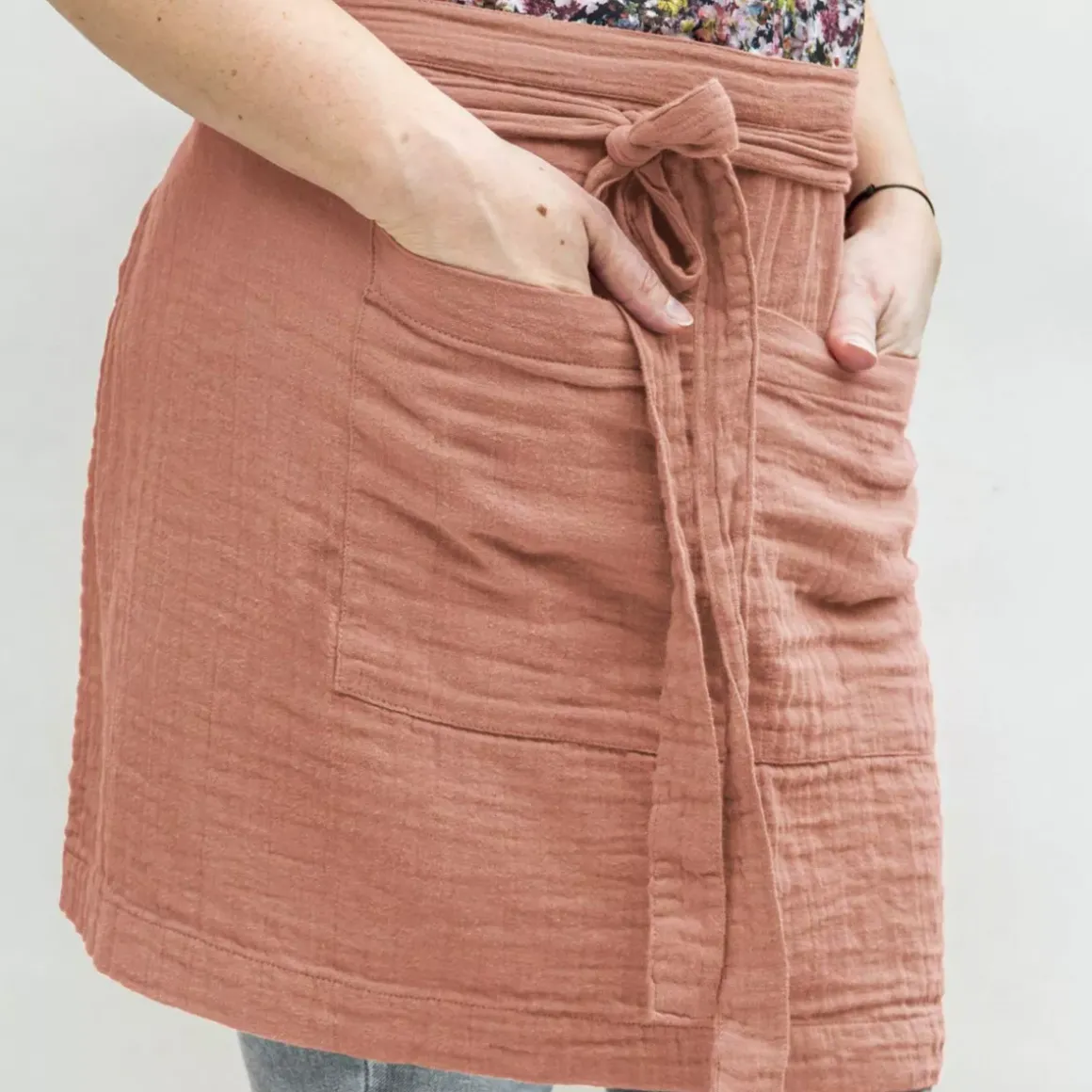 Grembiule con tasche garza di cotone Gaïa Rosa pesca