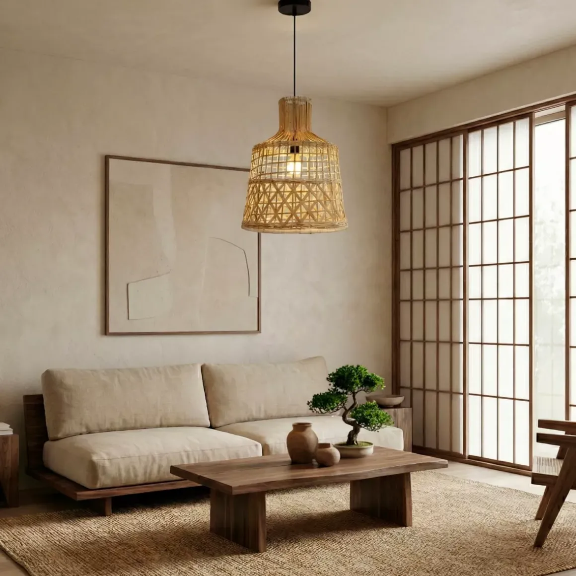 Lampada a sospensione traforata in bambù (H50 cm) Pampelune Naturale