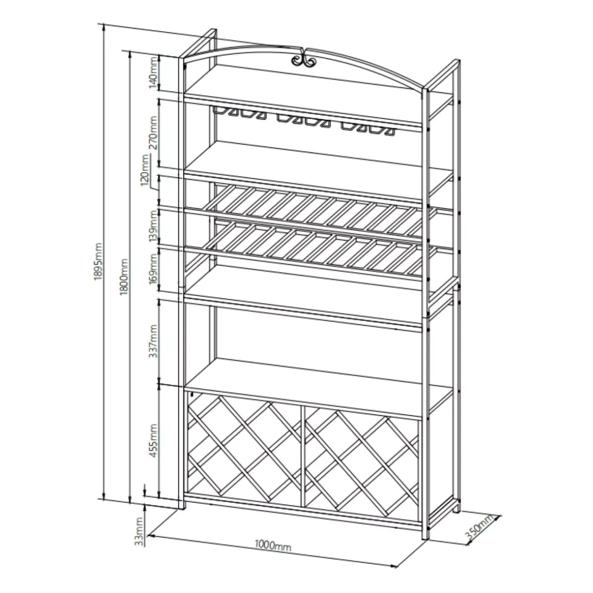Mobile portabottiglie industriale 32 scomparti e portabicchieri (H180 cm) Marceau Marrone