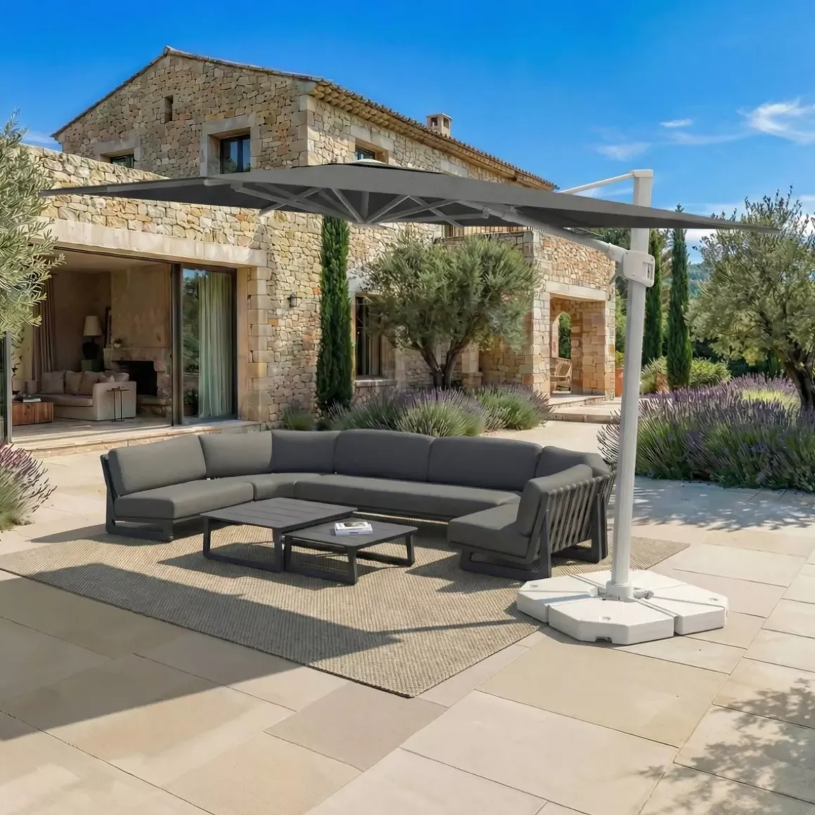 Ombrellone decentrato quadrato in alluminio con base (3 x 3 m) Elyra Bianco e Grigio