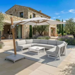 Ombrellone decentrato quadrato in alluminio con base (3 x 3 m) Elyra effetto legno e Bianco