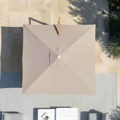 Ombrellone decentrato quadrato in alluminio con base (3 x 3 m) Elyra effetto legno e Tortora