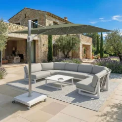Ombrellone decentrato quadrato in alluminio con base (3 x 3 m) Elyra Metallico lucido e Verde oliva