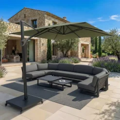 Ombrellone decentrato quadrato in alluminio con base (3 x 3 m) Elyra Antracite e Verde oliva