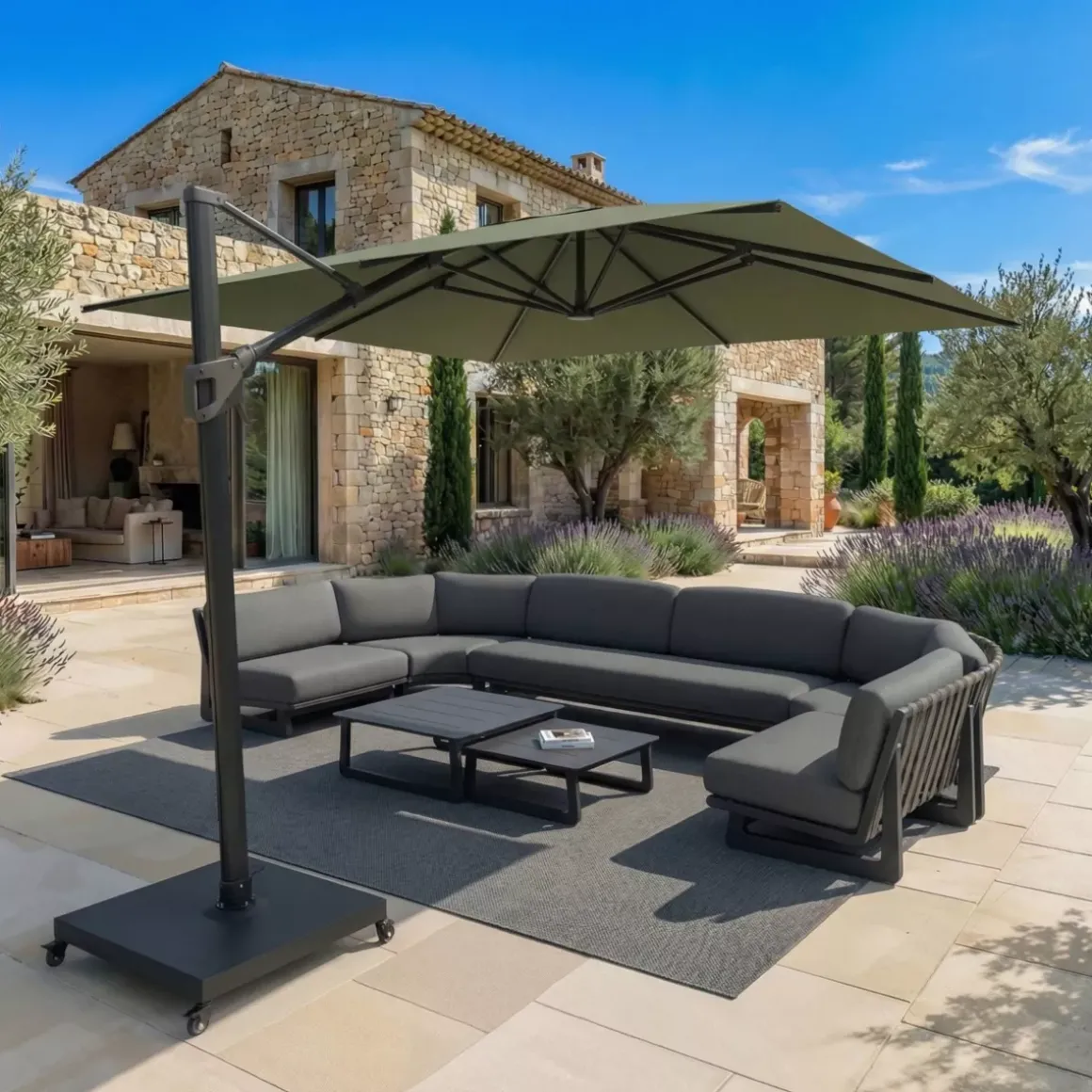 Ombrellone decentrato quadrato in alluminio con base (3 x 3 m) Elyra Antracite e Verde oliva