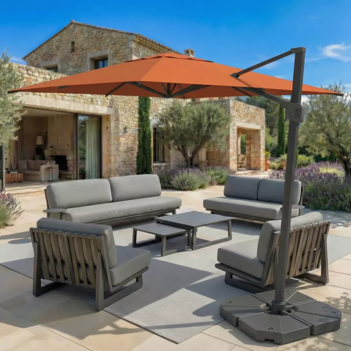Ombrellone decentrato rettangolare in alluminio con base (3 x 4 m) Elyra Antracite e Terracotta