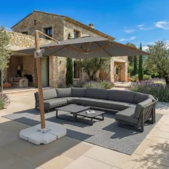 Ombrellone decentrato rettangolare in alluminio con base (3 x 4 m) Elyra effetto legno e Antracite
