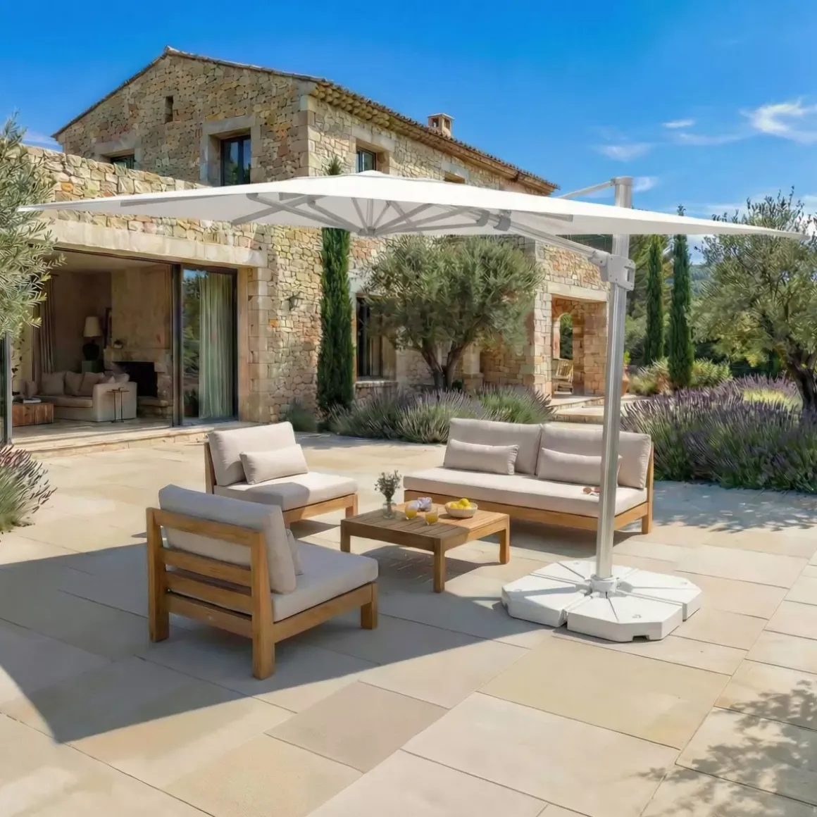 Ombrellone decentrato rettangolare in alluminio con base (3 x 4 m) Elyra Metallico lucido e Bianco