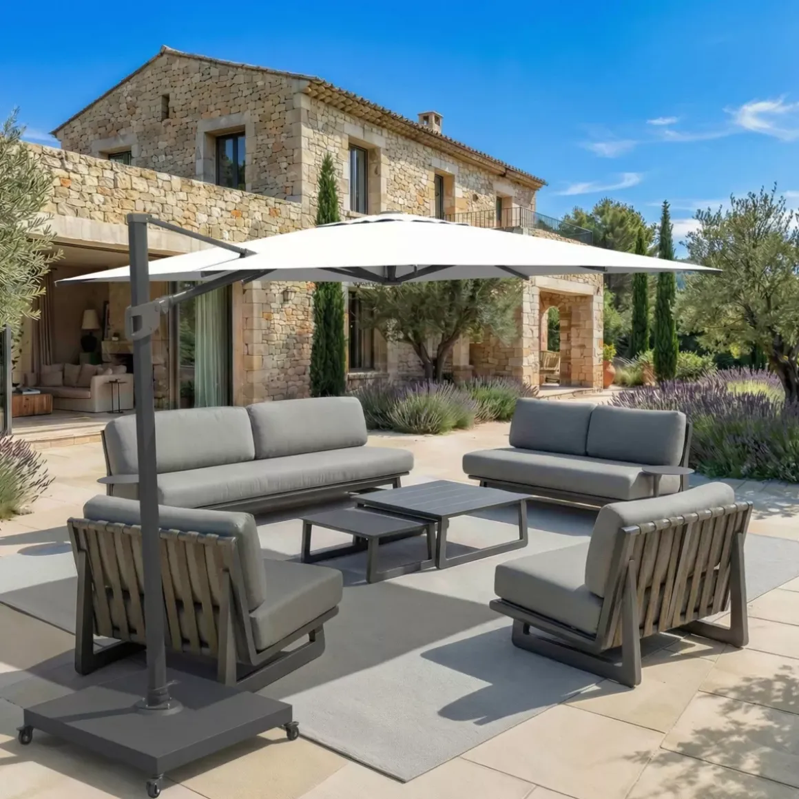 Ombrellone decentrato rettangolare in alluminio con base (3 x 4 m) Elyra Antracite e Bianco