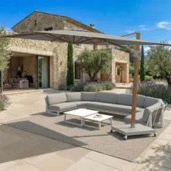 Ombrellone decentrato rettangolare in alluminio con base (3 x 4 m) Elyra effetto legno e Grigio