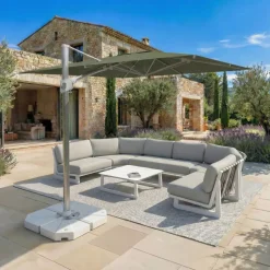 Ombrellone decentrato rettangolare in alluminio con base (3 x 4 m) Elyra Metallico lucido e Verde oliva