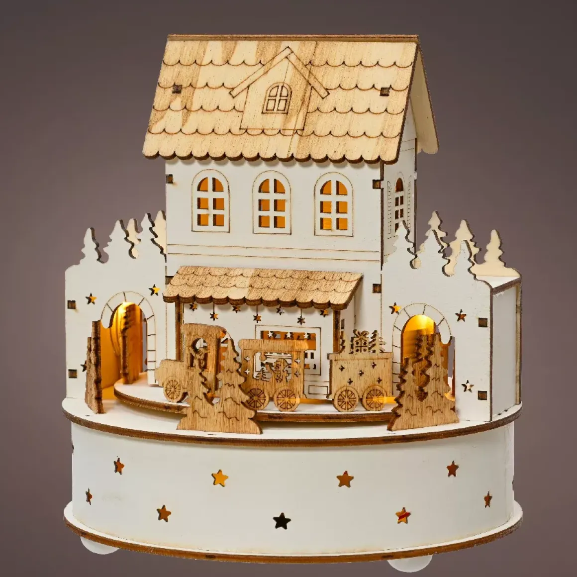 Paese di Natale in legno luminoso e musicale a pile (H19 cm) Casa di famiglia