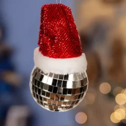 Pallina di Natale (D80 mm) Disco a sfaccettature con cappello Babbo Natale Argento