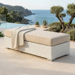 Clearance Panca in resina intrecciata 2 posti Palma Bianco e beige Tavolini Da Giardino, Divani