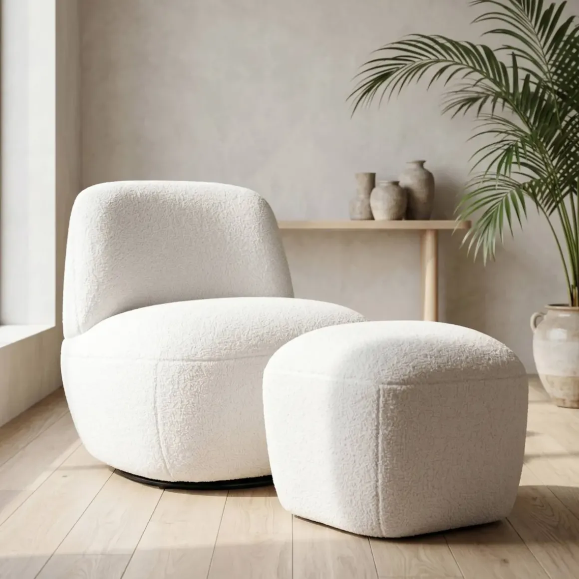Poltrona girevole in bouclé (seduta 45 cm) Nyxor Ecru