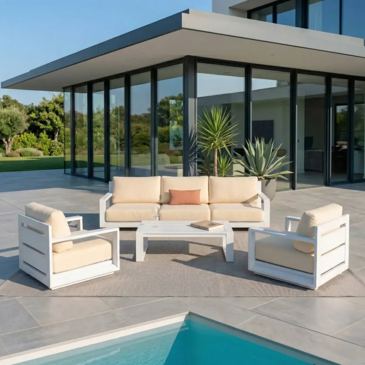 Discount Salotto da giardino alluminio 5 posti 4 pezzi Elba Bianco e beige Salotto Da Giardino