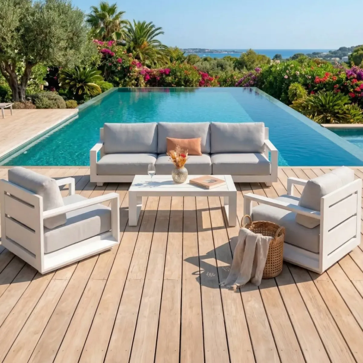 Clearance Salotto da giardino alluminio 5 posti 4 pezzi Elba Bianco e grigio chiaro Salotto Da Giardino