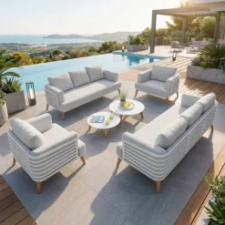 Hot Salotto da giardino alluminio 8 posti 6 pezzi Monte Carlo Bianco e grigio chiaro Salotto Da Giardino