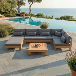 Clearance Salotto da giardino angolare in legno di acacia 5 posti 5 pezzi Bornéo Grigio Salotto Da Giardino