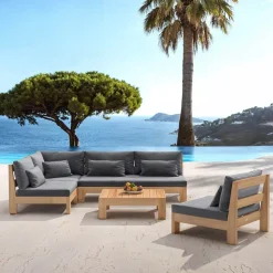 New Salotto da giardino angolare in legno di acacia 6 posti 5 pezzi Bornéo Grigio Salotto Da Giardino