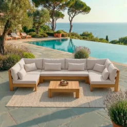 Outlet Salotto da giardino angolare in legno di acacia 7 posti 6 pezzi Bornéo Salotto Da Giardino