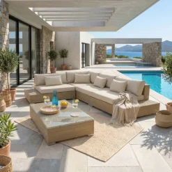 Online Salotto da giardino angolare in resina intrecciata Palma Grigio e beige Salotto Da Giardino