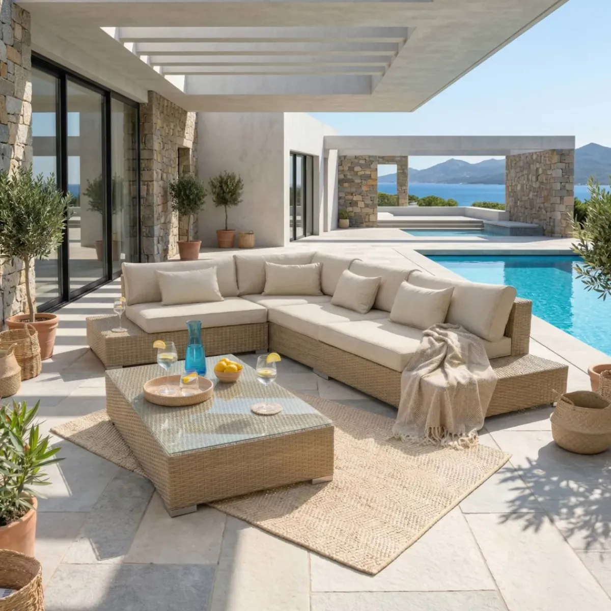 Online Salotto da giardino angolare in resina intrecciata Palma Grigio e beige Salotto Da Giardino