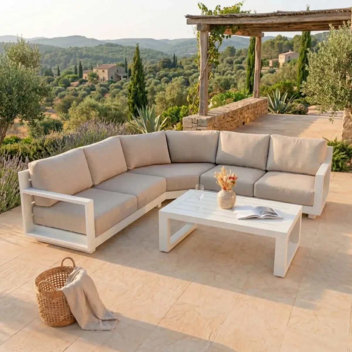 Outlet Salotto da giardino angolare alluminio Elba Bianco e tortora Salotto Da Giardino