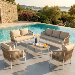 New Salotto da giardino in alluminio 5 pezzi Amalfi Bianco e beige Salotto Da Giardino