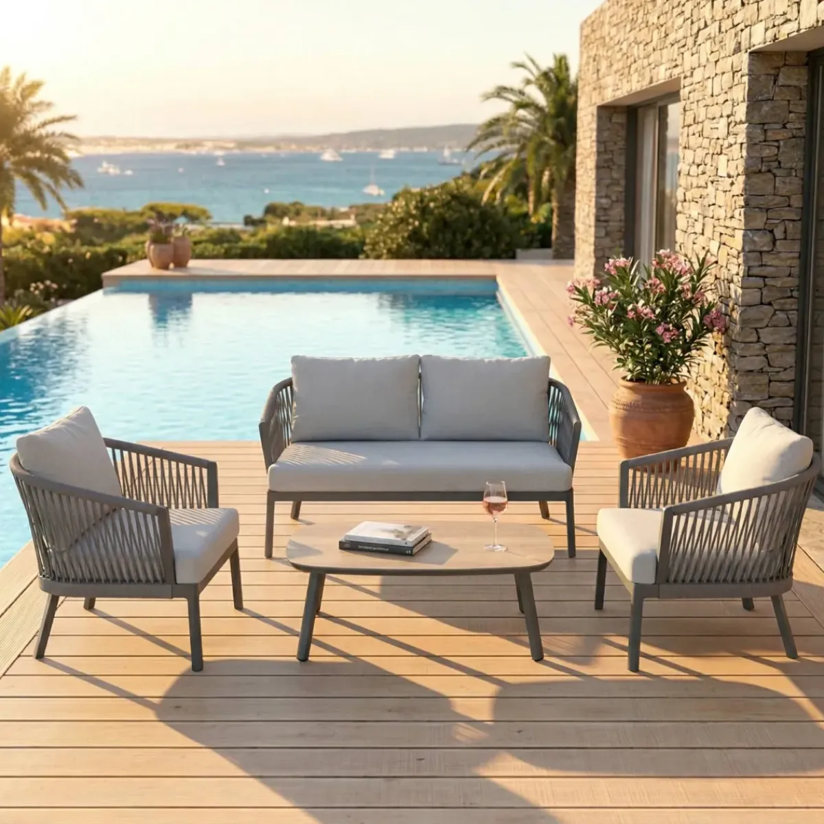 Clearance Salotto da giardino in alluminio 4 posti 4 pezzi Amalfi Grigio antracite e grigio chiaro Salotto Da Giardino