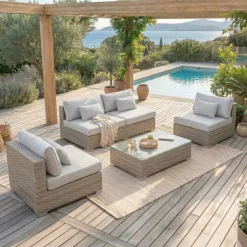 Hot Salotto da giardino in resina intrecciata 4 posti 4 pezzi Palma Grigio Salotto Da Giardino