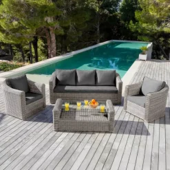 Outlet Salotto da giardino in resina intrecciata 4 pezzi Calvi Grigio e grigio scuro Salotto Da Giardino
